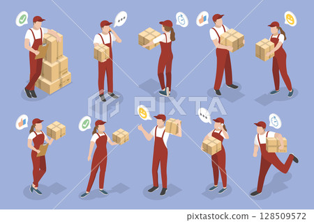 3D Isometric Flat Vector Illustration of Delivery Service, Collection Of Mail Carriers 128509572