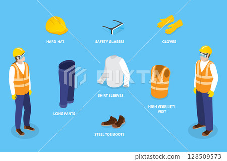 3D Isometric Flat Vector Illustration of PPE, Worker Safety Gear Collection For Construction Site Equipment 128509573
