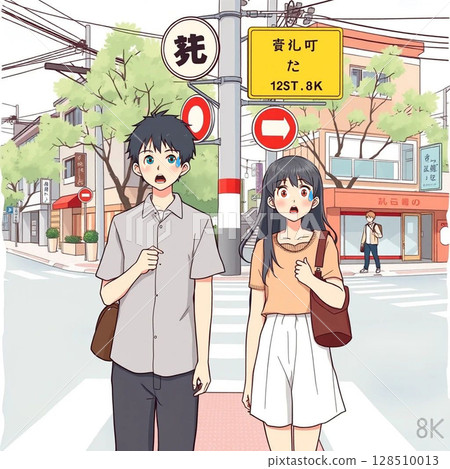 "The writing on the sign is strange!" "Oh no! I might have entered another world!" 128510013