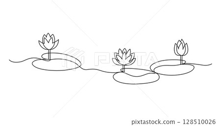 Lotus flowers on the leaves of water lilies, drawn in continuous line in minimalist style, design element, abstraction, natural aesthetics, one line, editable vector contour. 128510026