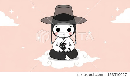 Cute cartoon Korean grim reaper saja in hanbok and gat sitting on cloud with black cat 128510027
