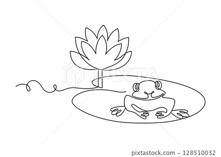 Funny frog resting on lily pad beside blooming lotus flower, drawn in continuous line in minimalism, abstract, greeting card, invitation to holiday, editable vector contour. 128510032