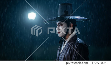 Korean grim reaper saja in hanbok and gat standing in rain under streetlight at night 128510039