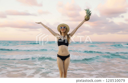 Summer vacation, beautiful happy woman in swimsuit enjoying sunset landscape on the beach on sea 128510079