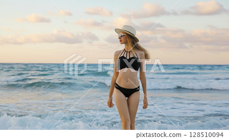 Summer vacation, beautiful young woman in swimsuit, hat standing on sea beach background 128510094