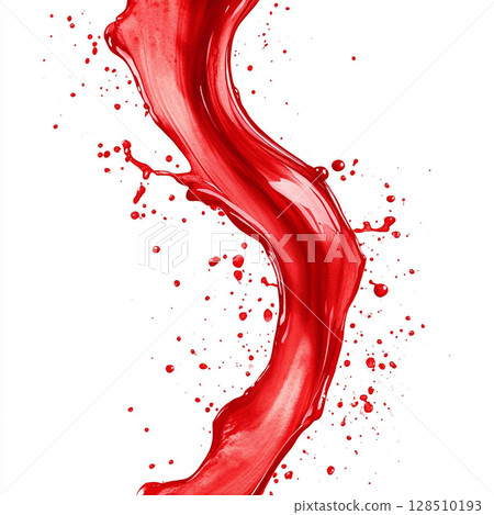 Dynamic splash of vibrant red liquid with droplets on white. Generative AI 128510193