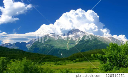 Summer blue sky and cumulonimbus clouds over the mountains 128510251
