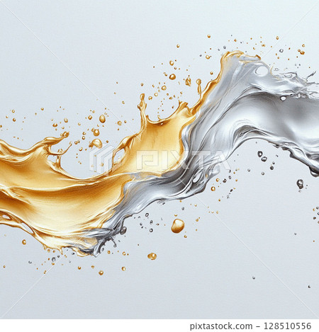 Silver and gold liquid splashes with sprinkles. Generative AI 128510556