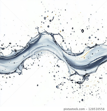 Dynamic transparent water splash with droplets and golden specks. Generative AI 128510558