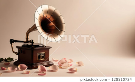 vintage gramophone playing vinyl record with heart shaped grooves, surrounded by scattered petals, evokes nostalgic tones 128510724