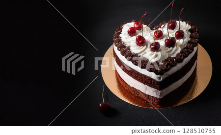 Heart shaped black forest cake with cherries and whipped cream 128510735