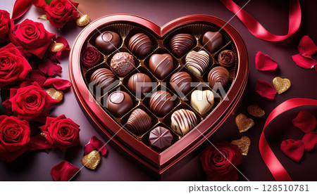 Decadent cho tes in heart shaped box surrounded by red roses and ribbons evoke romance Decadent cho tes in heart shaped box surrounded by red roses and ribbons evoke romance 128510781