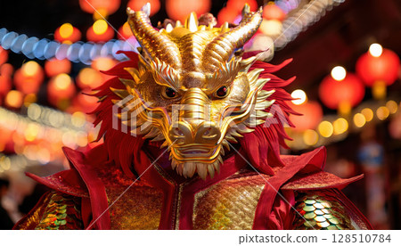 vivid dragon costume with glinting scales under bright lights, showcasing festive colors and intricate details vivid dragon costume with glinting scales under bright lights, showcasing festive colors and intricate details 128510784