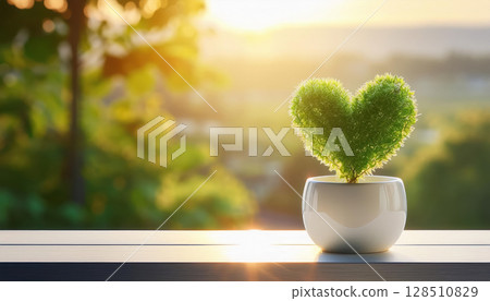 heart shaped plant in minimalist white vase on windowsill, basking in soft sunlight, creates serene atmosphere 128510829