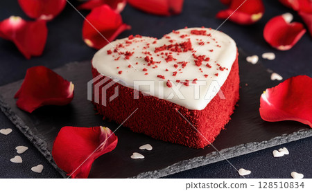 heart shaped red velvet cake with cream cheese frosting slate board, surrounded by rose petals, evokes romance and sweetness 128510834