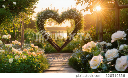 hidden garden with heart shaped trellis, lush flowers, and golden light 128510836
