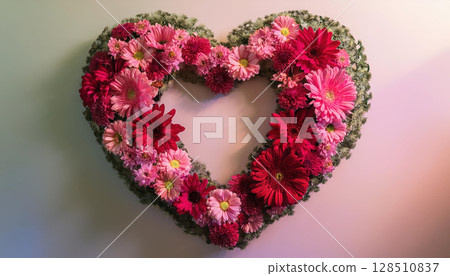 vibrant heart shaped floral wreath made of red and pink blooms, showcasing love and beauty 128510837