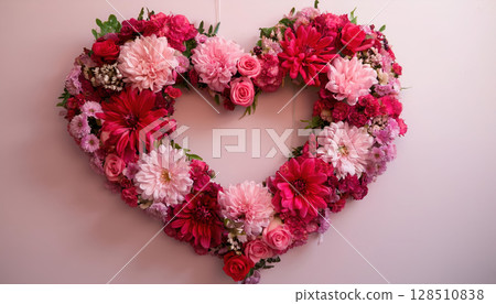 vibrant floral wreath in shape of heart, featuring red and pink blooms, creates romantic atmosphere 128510838