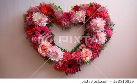 vibrant floral wreath in shape of heart, featuring red and pink blooms, exudes love and beauty 128510839