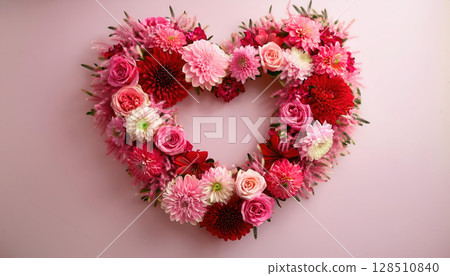 lush floral wreath in shape of heart made of vibrant red and pink blooms, creating romantic atmosphere 128510840