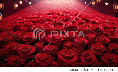 luxurious bed of velvety red rose petals arranged symmetrically, creating artistic and romantic atmosphere 128510842