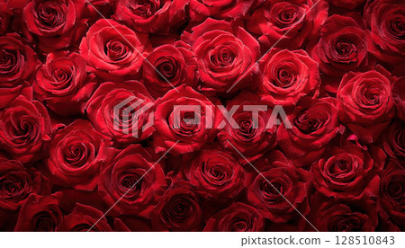 Luxurious red roses arranged symmetrically, creating stunning floral display 128510843