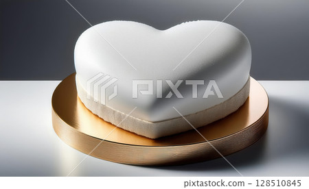 heart shaped cake with smooth white finish on golden base, perfect for celebrations 128510845
