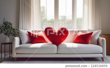 red heart shaped pillow on white modern couch, soft sunlight streaming through window creates warm atmosphere 128510859