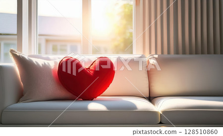 red heart shaped pillow on white modern couch with soft sunlight streaming through window creates warm atmosphere red heart shaped pillow on white modern couch with soft sunlight streaming through window creates warm atmosphere 128510860