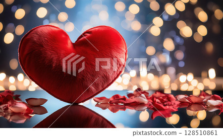 red heart shaped pillow on glass table with rose petals and soft lights 128510861