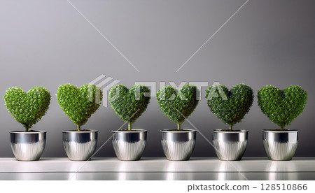 Heart shaped plants in metallic planters create charming display against monochrome background 128510866