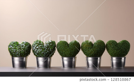 Heart shaped plants in metallic planters create charming display against neutral background, evoking sense of love and nature 128510867