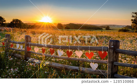scenic countryside view with rustic wooden fence adorned with heart decorations, capturing beautiful sunset 128510868