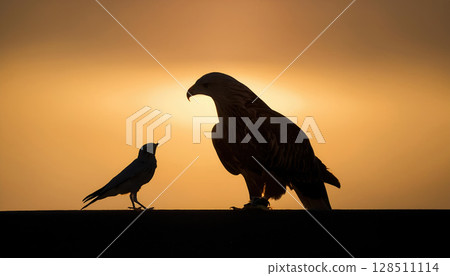 small bird and eagle silhouette against sunset, symbolizing transformation and growth 128511114