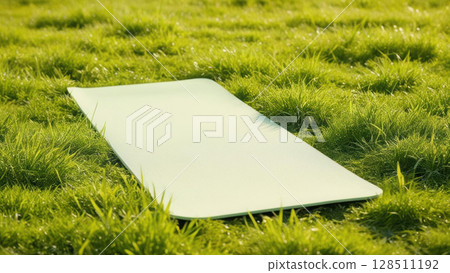 serene yoga mat laid out in grassy field with soft sunlight, symbolizing harmony and mindfulness 128511192