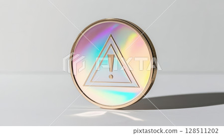 holographic coin featuring risk warning symbol, reflecting light beautifully 128511202