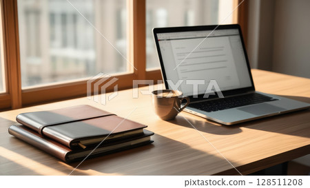 organized desk with laptop, planner, and coffee cup in natural light, symbolizing focus and productivity 128511208