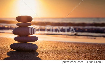 balanced stack of smooth stones on beach at sunset symbolizes harmony and tranquility 128511209