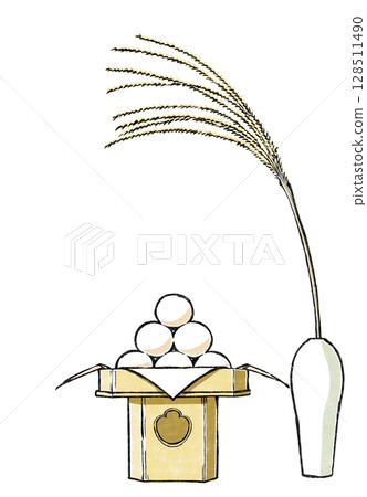 Moon-viewing rice dumplings arranged on three sides and an offering of pampas grass in a white porcelain vase, woodblock style 128511490