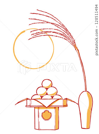A full moon over a white porcelain vase with offerings of pears and moon-viewing dumplings arranged on three sides. Brush-drawn and painted in two colors. 128511494