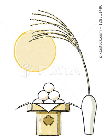 A full moon over a tray of moon-viewing dumplings arranged on three sides and a white porcelain vase with an offering of pampas grass. Woodblock style A full moon over a tray of moon-viewing dumplings arranged on three sides and a white porcelain vase with an offering of pampas grass. Woodblock style 128511496