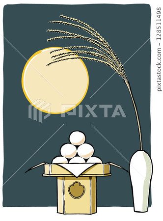 Moon-viewing dumplings arranged on three sides and a white porcelain vase with a full moon over it, with a background. Brush-drawn and matte-painted 128511498