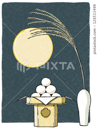 Moon-viewing dumplings arranged on three sides and a white porcelain vase with a full moon over the pear offerings in the background, woodblock style 128511499
