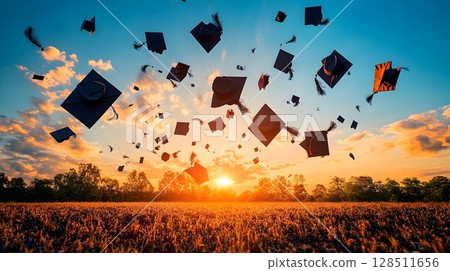 Graduation caps flying at sunset education success and celebration 128511656