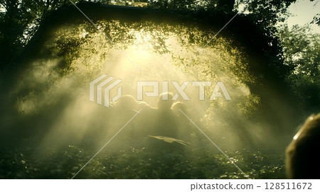 Sunlit forest path misty figures and golden light rays Sunlit forest path misty figures and golden light rays 128511672