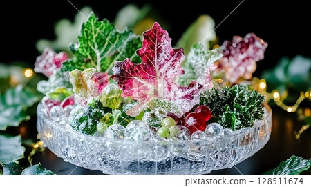 Frozen fruit and leaves in glass bowl vibrant colors icy texture Frozen fruit and leaves in glass bowl vibrant colors icy texture 128511674