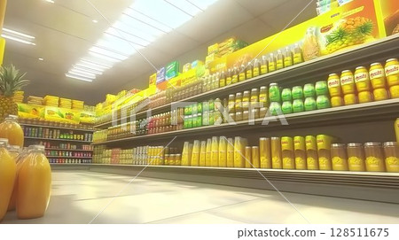 Supermarket aisle with fruit juices and drinks bright yellow tones organized shelves Supermarket aisle with fruit juices and drinks bright yellow tones organized shelves 128511675