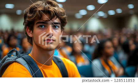 Young man attending lecture focused and attentive student in crowd 128511853