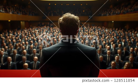 Speaker addressing a large audience in a conference hall Speaker addressing a large audience in a conference hall 128511854
