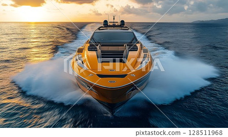 Luxury orange speedboat sailing on ocean at sunset 128511968